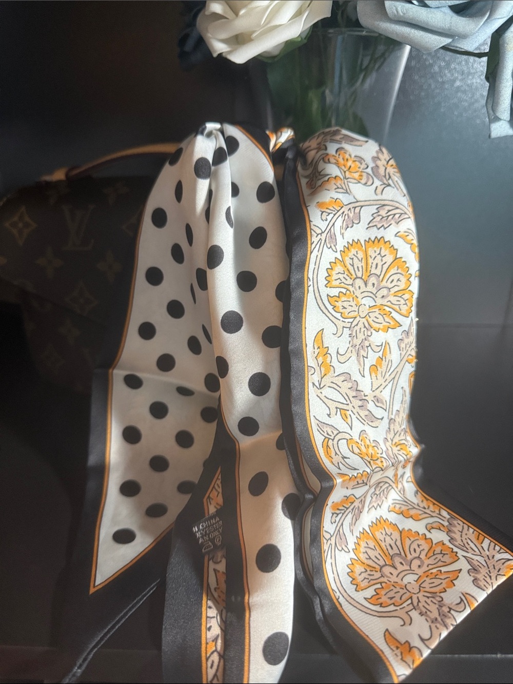 Polka Dot & Floral Twilly Scarf in Black, White & Yellow